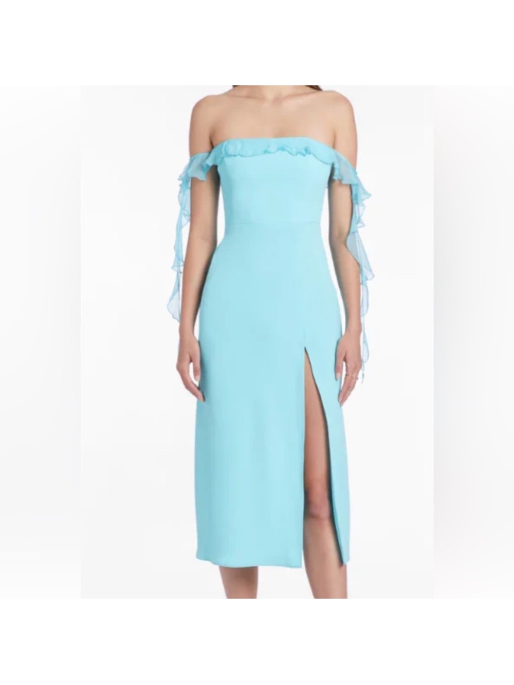 Amanda Uprichard Strapless Light Blue Midi Dress with Side Slit